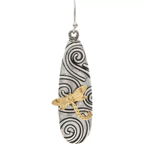 Two Tone Swirly Bar 3D Dragonfly Earring