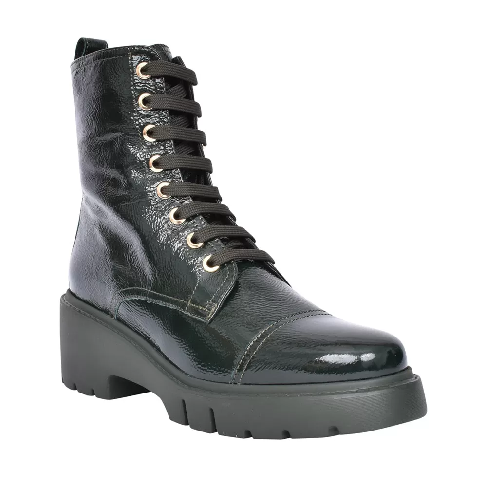 UNISA JULIET PATENT GREEN MILITARY ANKLE BOOT