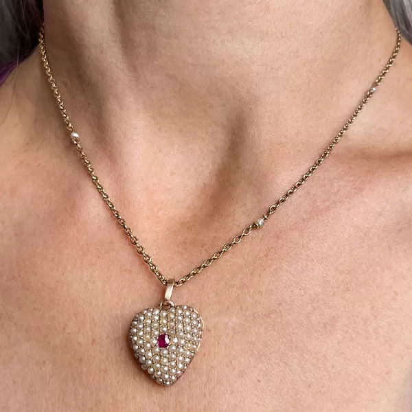 Victorian Ruby & Half Pearl Heart Locket Pendant