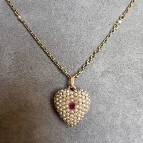 Victorian Ruby & Half Pearl Heart Locket Pendant