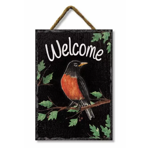 Welcome Robin Black Vinyl with Slate Look Hanging Sign